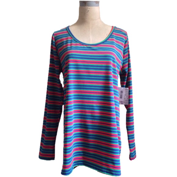 LuLaRoe Tops - ‼️SOLD‼️ LULAROE Lynnae Blue Green Red Stripe Top Large